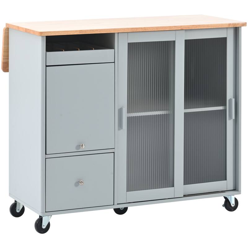 Rolling Kitchen Cart with LED Light, Fluted Glass Doors, Drop Leaf Top, and Adjustable Storage (White)