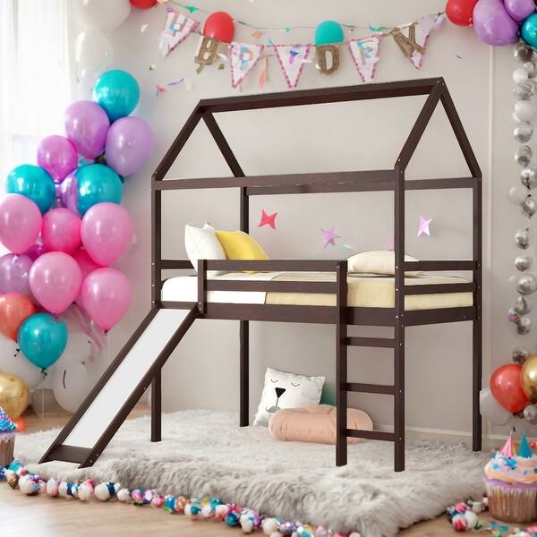 slide 2 of 12, Twin Size House Loft Bed with Slide, Health and Comfort, White Brown
