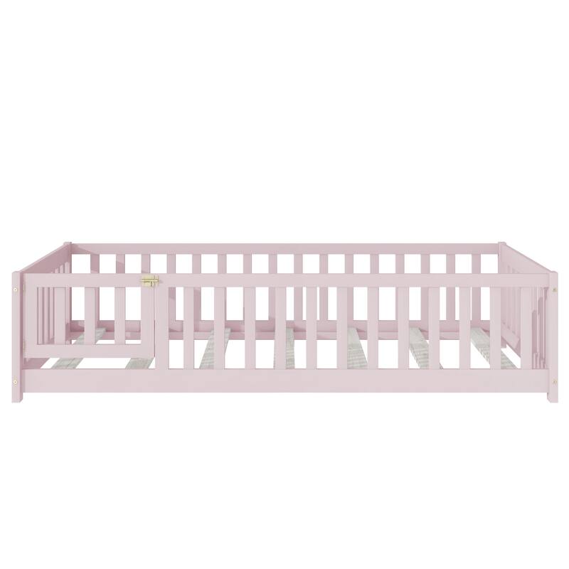 Wooden Floor Bed Frame with Slats Support, Twin Size Kids Floor Bed, Rubber Wood Twin Floor Bed Frame with Fence and Door