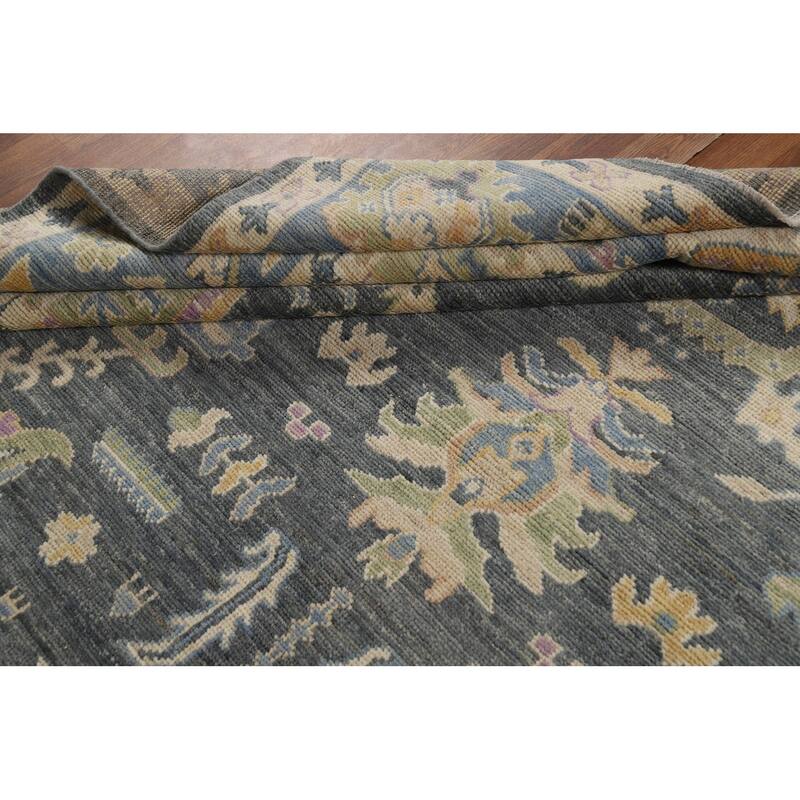 Vegetable Dye Floral Oushak Turkish Rug Hand-Knotted Grey Wool Carpet - 8'10" x 11'9"