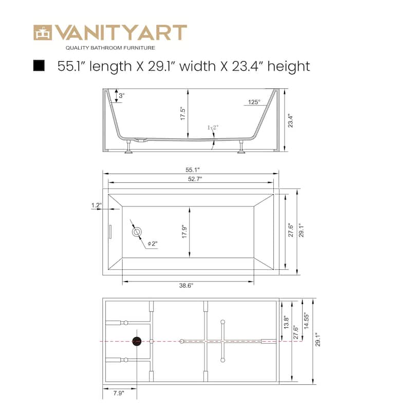 Vanity Art 55" x 29" White Acrylic Flatbottom Freestanding Bathtub