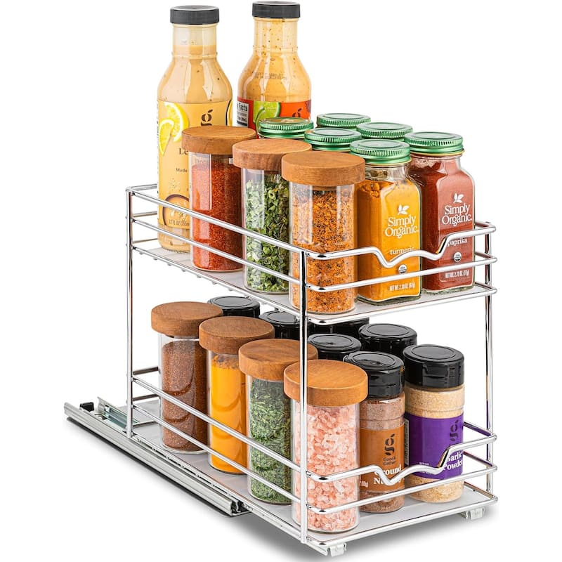 Hold N' Storage - 2 Tier Pull Out Cabinet Organizer for Spices, Cans - Heavy Duty with Lifetime Limited Warranty - 6.5" W x 10.375" D x 8.875" H - Chrome