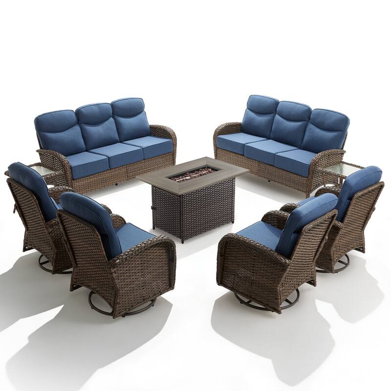 Luna 9-Piece Wicker Outdoor Patio Fire Pit Sofa Set with 6-Inch Thick Cushions