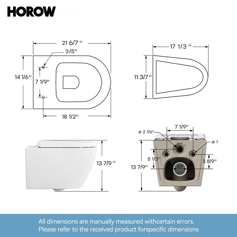 HOROW WaterSence Elongated Compact Wall Hung Toilet Bowl Only in White, Soft Close Seat Included - N/A