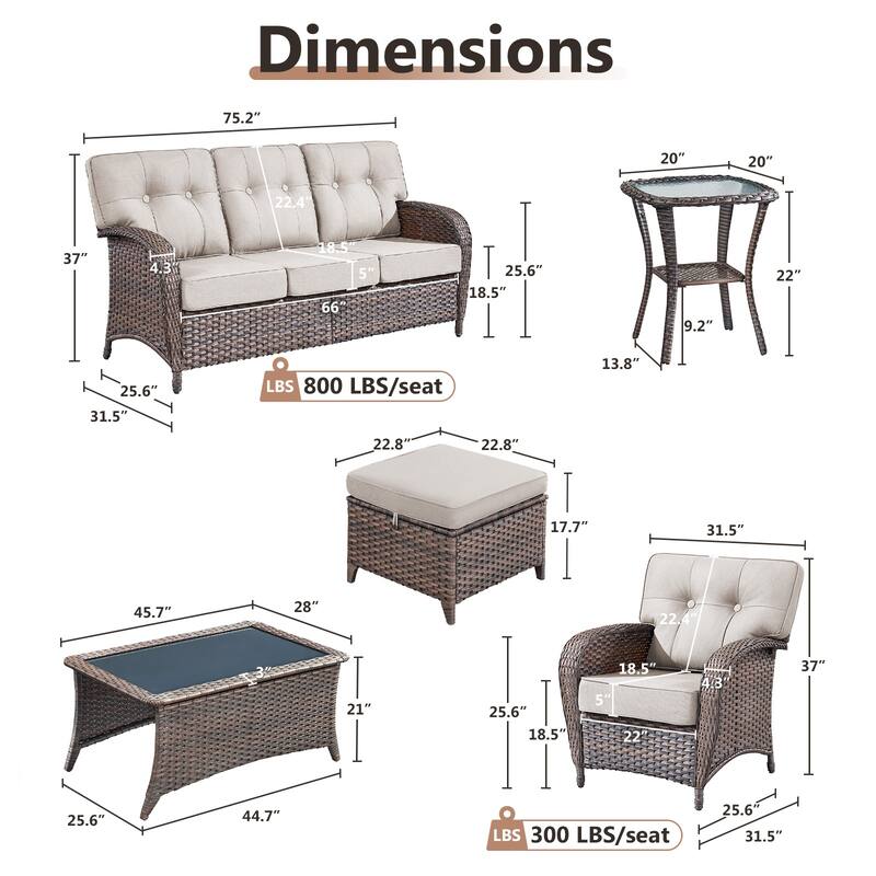 TWrap 7-Piece Patio Brown Wicker Sofa Conversation Set with 5-Inch Thick Cushions