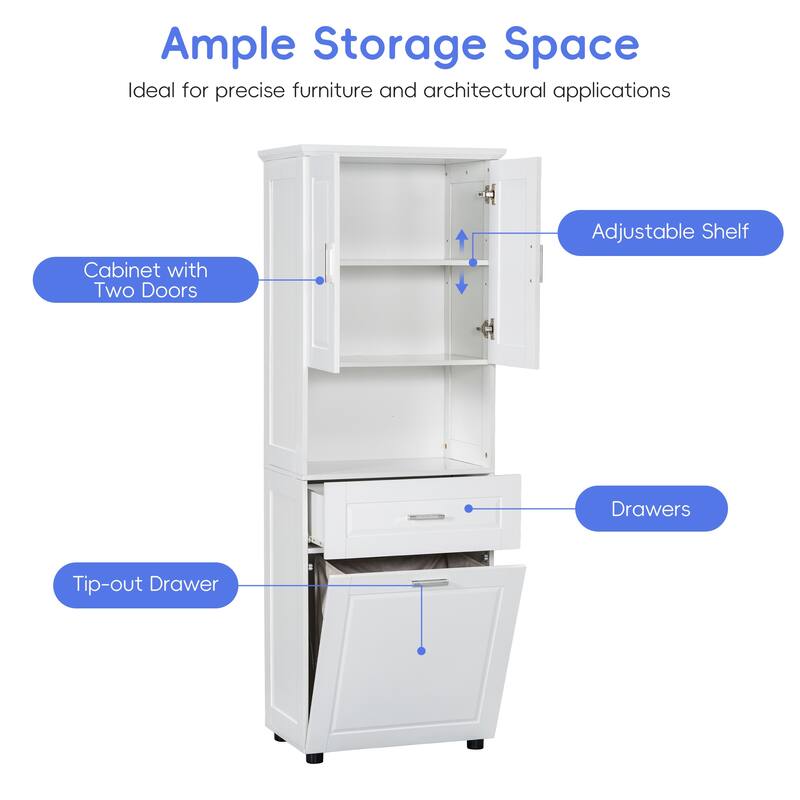 Waterproof Bathroom Cabinet with Tilt-Out Laundry Basket, Large Double Door Storage Cabinet with Adjustable Shelf and Drawer