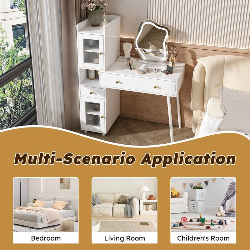 Vanity Dressing Table With Led Mirror & Storage-White Makeup Desk Features 3 Drawers,2open Shelves&4 Hidden Cabinets