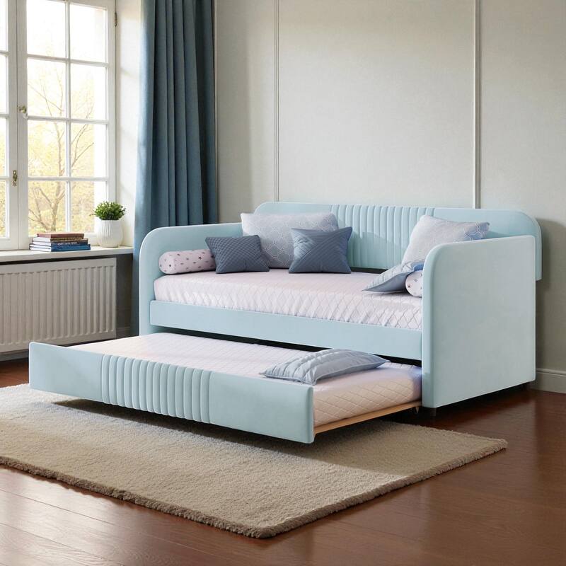 Twin Size Upholstered Daybed with Trundle, Velvet Sofa Bed with Wood Slats, Pull-Out Guest Bed for Bedroom or Living Room