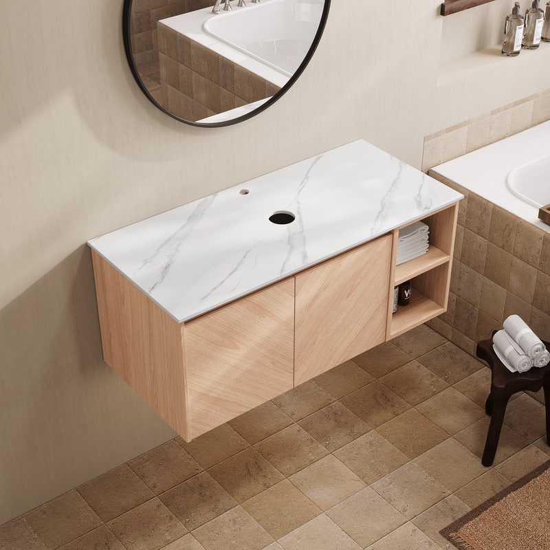 36" Walnut Wall-Mounted Bathroom Vanity Cabinet With Countertop, No Sink