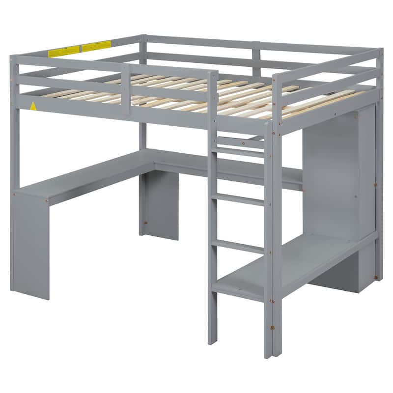 Grey Full Size Solid Wood Loft Bed with L-shaped Desk and Storage Shelves