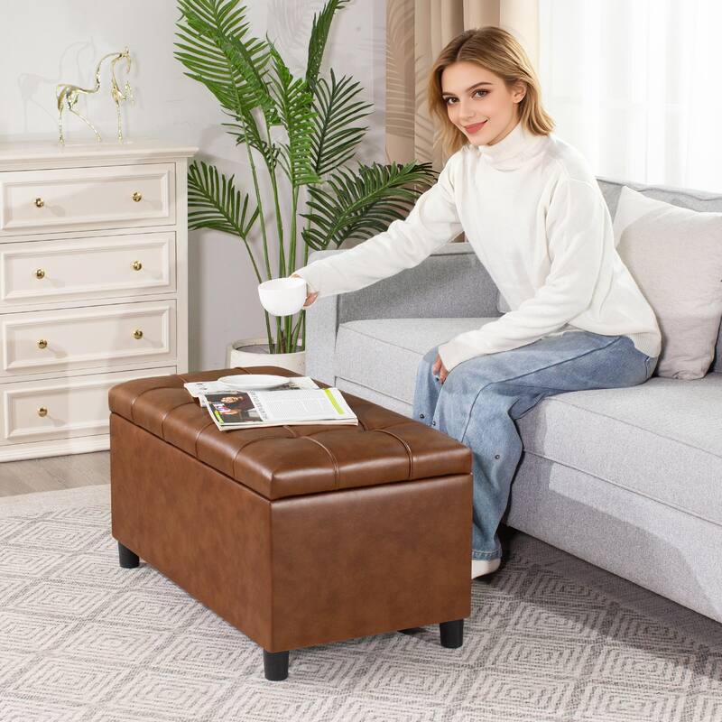 Adeco Rectangular Storage Ottoman Faux Leather Bench Lift-top Footrest