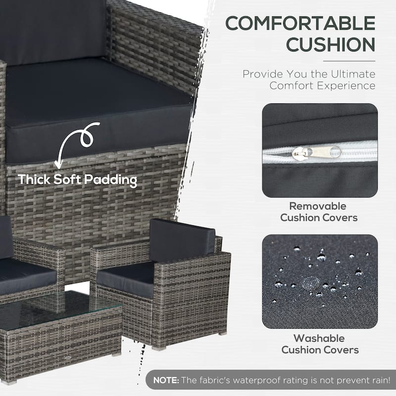 Outsunny 4-Piece Patio Furniture Set with Back Support, Thickly Cushioned PE Rattan Patio Furniture Set