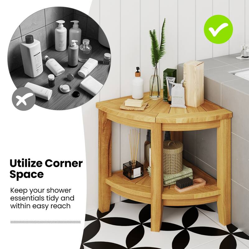 Gymax Corner Shower Stool Teak Wood Shower Bench w/ Storage Shelf
