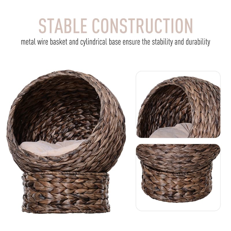 PawHut Cat Braided Banana Leaf House Enclosure, Designed for Indoors and Includes Super Soft Cotton Bed, 23.5" H, Grey