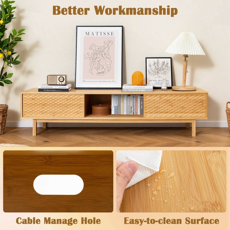 Costway 63" Bamboo TV Stand with 3 Storage Cubes Sliding Doors Mid - See Details