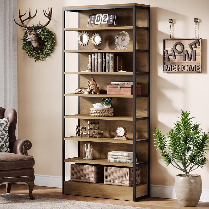 71" Tall Bookshelf, 8-Tier Industrial Etagere Bookcase with Back