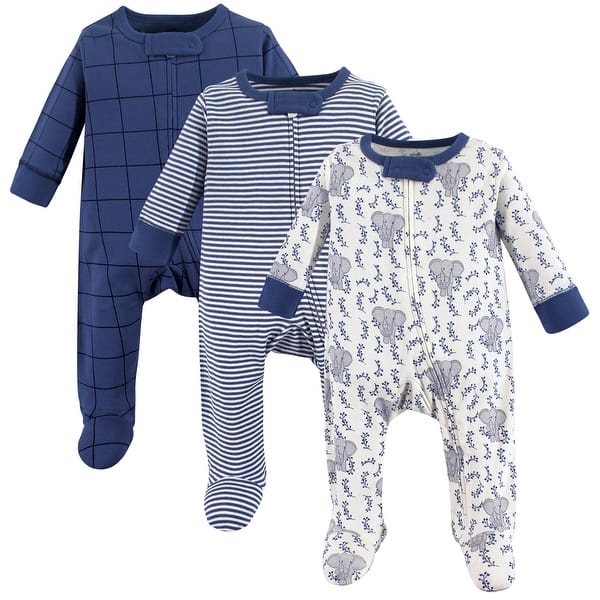 slide 1 of 1, Touched by Nature Baby Boy Organic Cotton Zipper Sleep and Play 3pk, Elephant 3-6 Months - Elephant