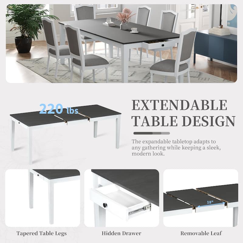 78.1'' Extendable Wood Dining Table Set with Removable Leaf and 6 Upholstered Dining Chairs