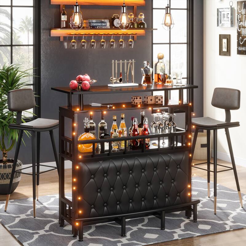 Bar Unit for Home Liquor, Black Entertainment Bar Upholstered Bar Table with Storage