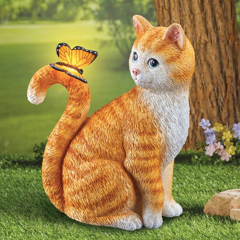 Orange Tabby Cat with Solar Powered Butterfly Garden Statue - 11.630 x 9.750 x 6.750 - Orange - Resin