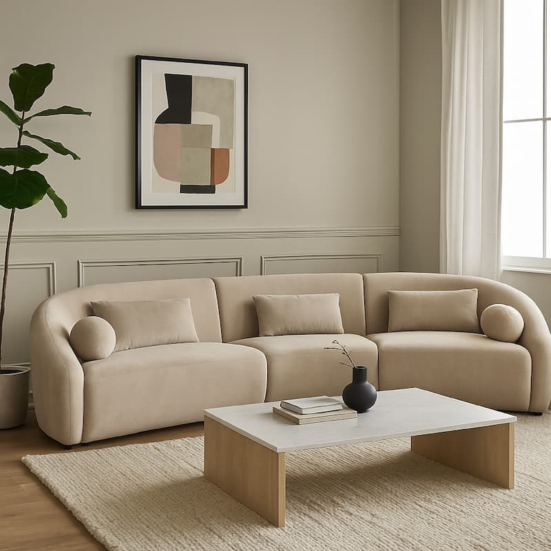 Lex Retro Curved Sectional Sofa, 152 Inch w 5 Pillows, Fawn Faux