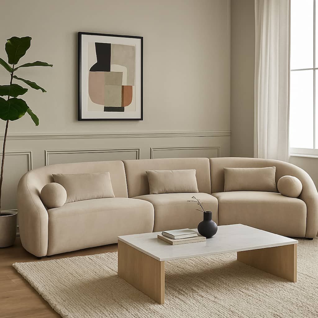 Lex Retro Curved Sectional Sofa, 152 Inch w 5 Pillows, Fawn Faux