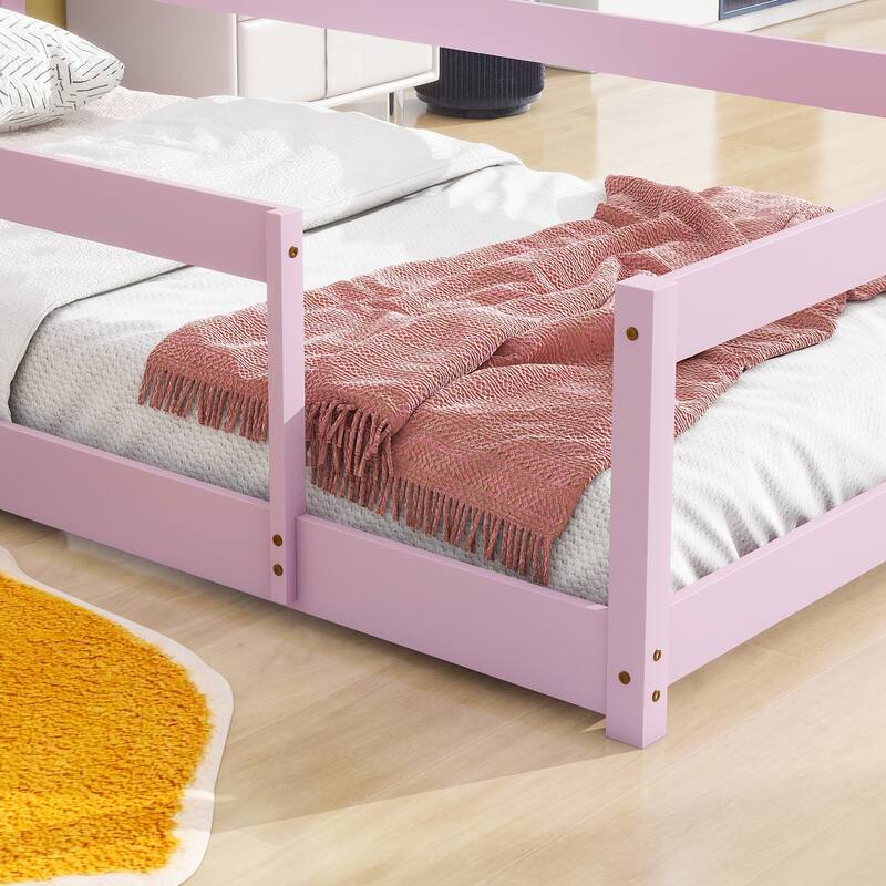 Whimsical Twin Floor Bed with House-Style Headboard and Full-Length Guardrails for Kids