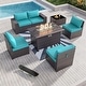 preview thumbnail 58 of 99, Outdoor Patio Furniture Set, All Weather PE Wicker Sectional Conversion Sofa set with Firepit(Optional) 6Pcs w/Firepit - Turquoise