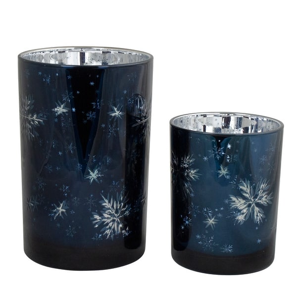 Shop Black Friday Deals On Set Of 2 Blue And Silver Snowflakes Printed Christmas Candle Holders 7 Overstock 29849818