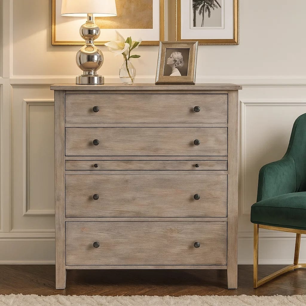 Wooden Chest with 4 Spacious Drawer and 1 Pull Out Tray, Gray