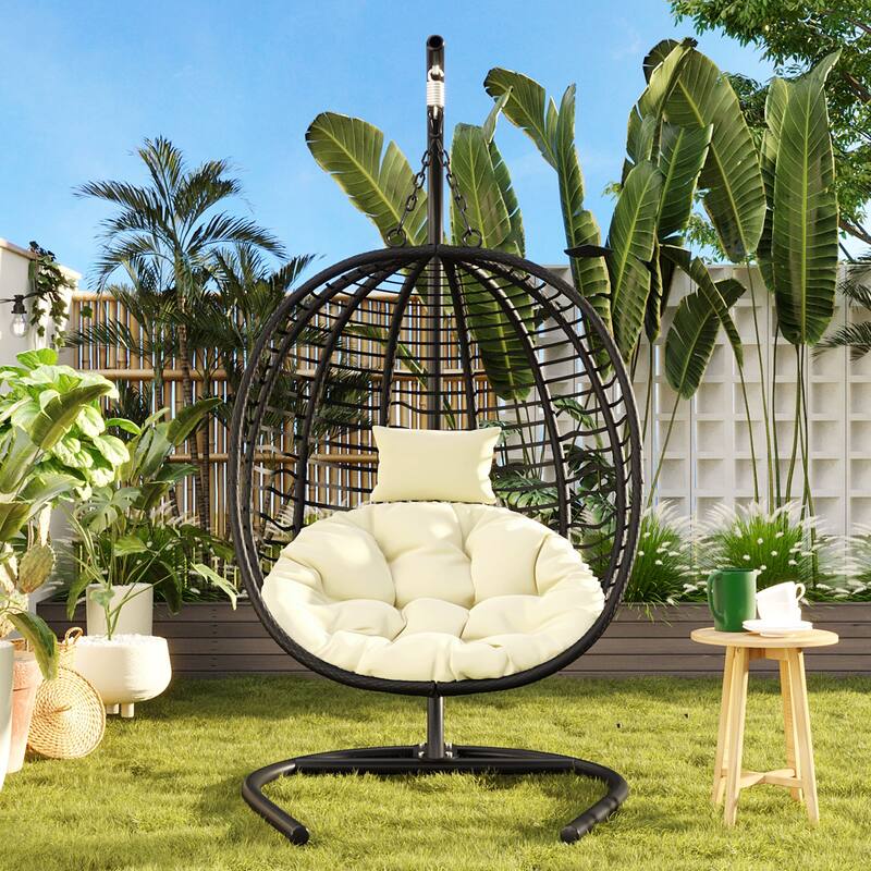 Single Person Folding Egg Chair with Stand - Hanging Wicker Hammock Swing with Adjustable Feet for Balcony, Garden, Bedroom