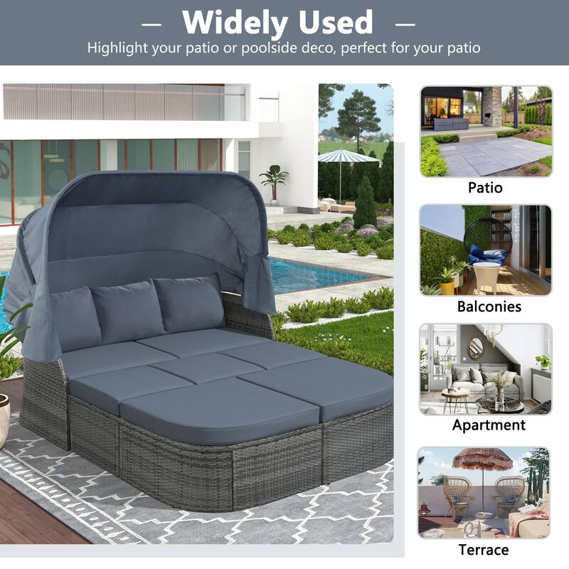 6 Piece Patio Sectional Conversation Set Outdoor Rattan Daybed Rectangle Sunbed with Retractable Canopy and Storage Coffee Table
