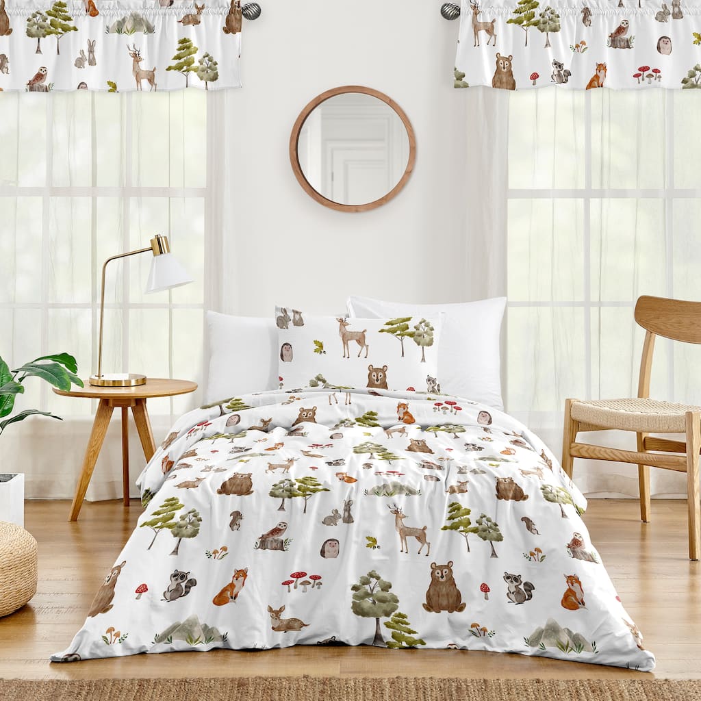 Sweet Jojo Designs Woodland Forest Animals Boy Girl Gender Neutral Unisex 2p Twin-size Comforter Set Brown Bear Fox Deer Friends