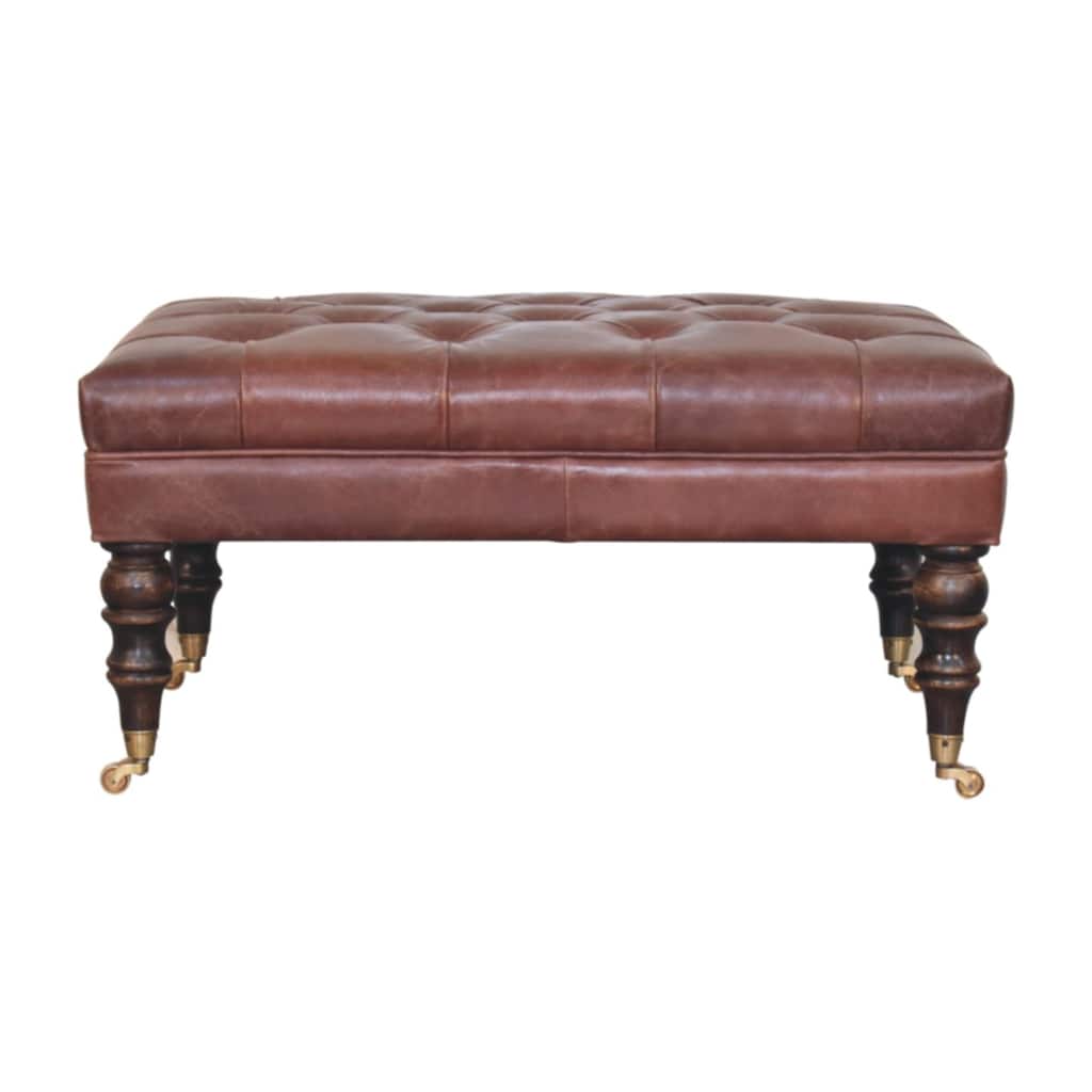 Artisan Furniture Solid Wood Buffalo Brown Leather Ottoman with Castor Legs