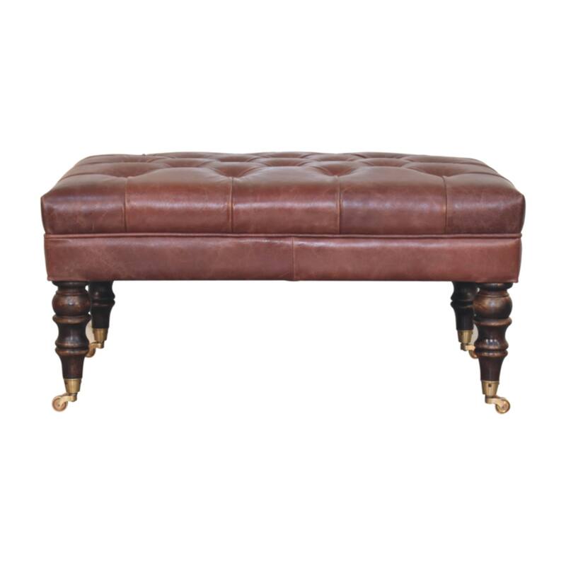 Artisan Furniture Solid Wood Buffalo Brown Leather Ottoman with Castor Legs
