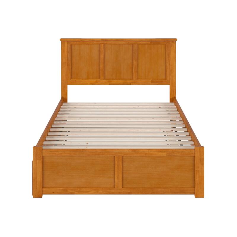 Solid Wood Platform Bed with Trundle - Full Size Bed Frame, Footboard, Slat Support, Bedroom Furniture