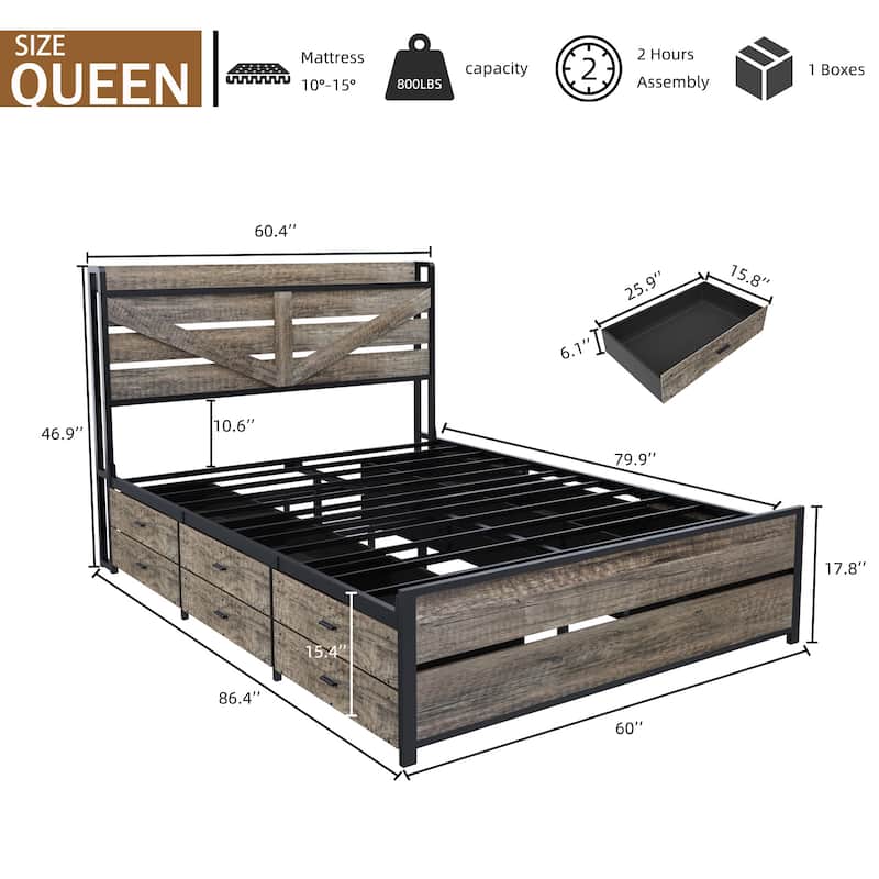 Retro Storage Bed with 12 Storage Drawers and Panel Headboard Built-in Charging Station, Metal Slats Support Platform Bed Frame