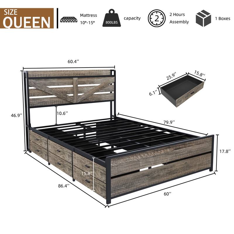 Roomfitters Metal Platform Bed Frame with 12 Storage Drawers, Bookcase Headboard, Charging Station, No Box Spring Needed - Queen