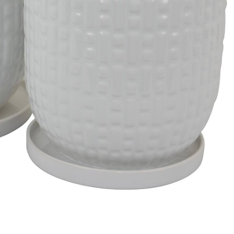 Set of 2 Ceramic Planters,Dotted Chequered Texture, White Glaze Finish