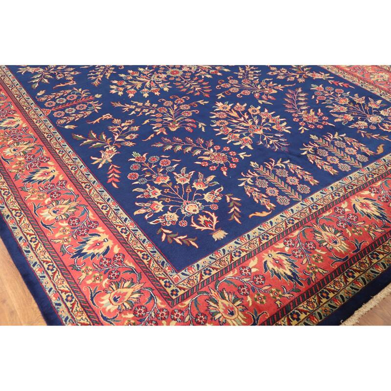Hand Knotted Oriental 100% Wool Carpet Traditional All-Over Navy Blue & Blues Sarouk Area Rug - 12' 0'' X 8' 11''