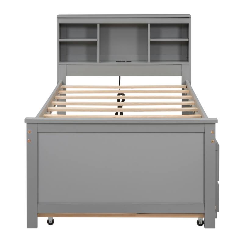 Platform Bed with Storage Headboard, USB, Twin Size Trundle and 3 Drawers
