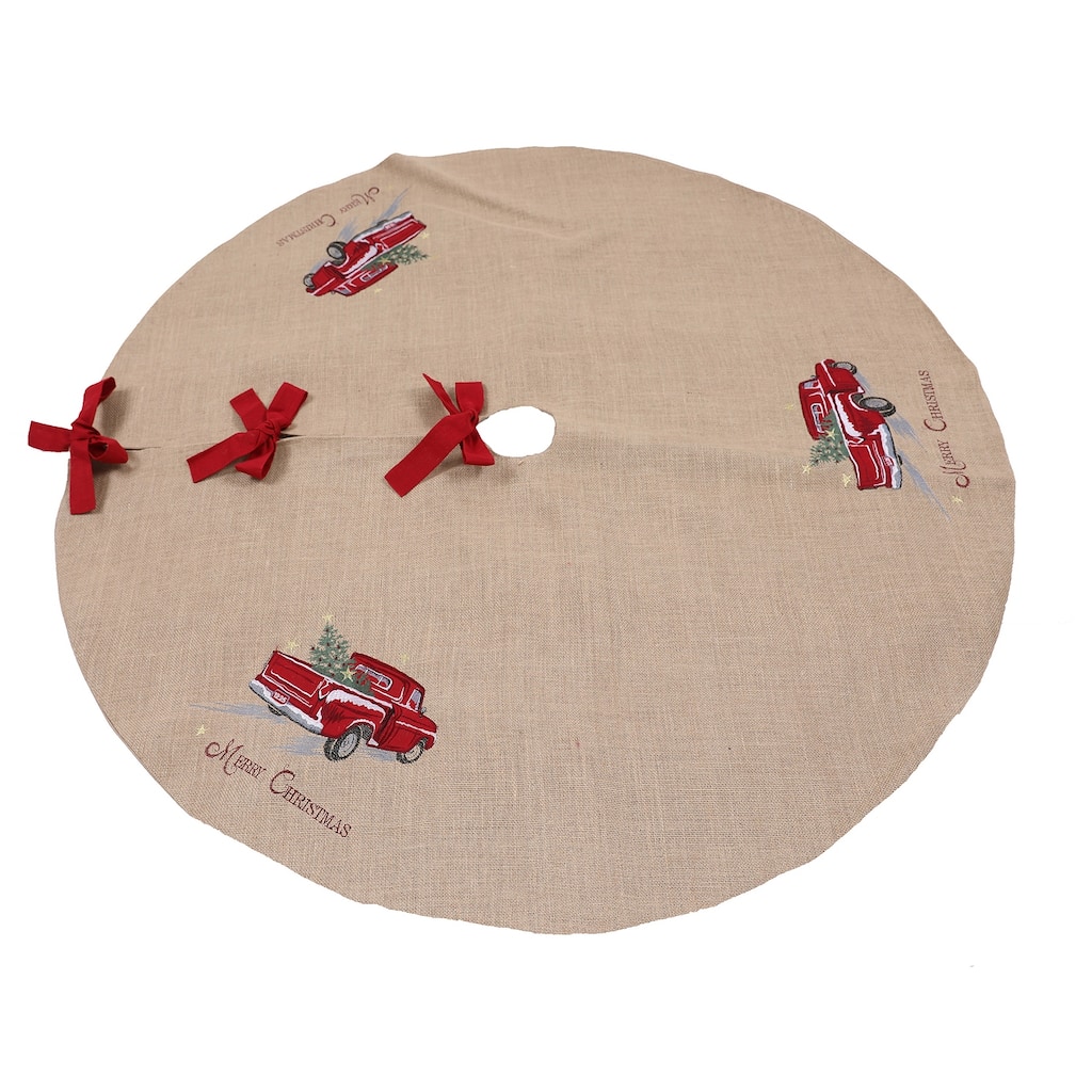 Christmas Red Pick-up Truck Embroidered Treeskirt - Jute