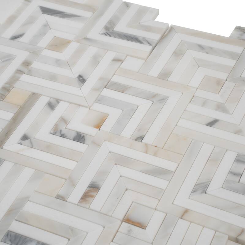 Serena 10x10 White Gray Calacatta Gold, Thassos Mosaic Chevron Wall and Floor Tile (3.47 sq ft/case) - 5 Pack