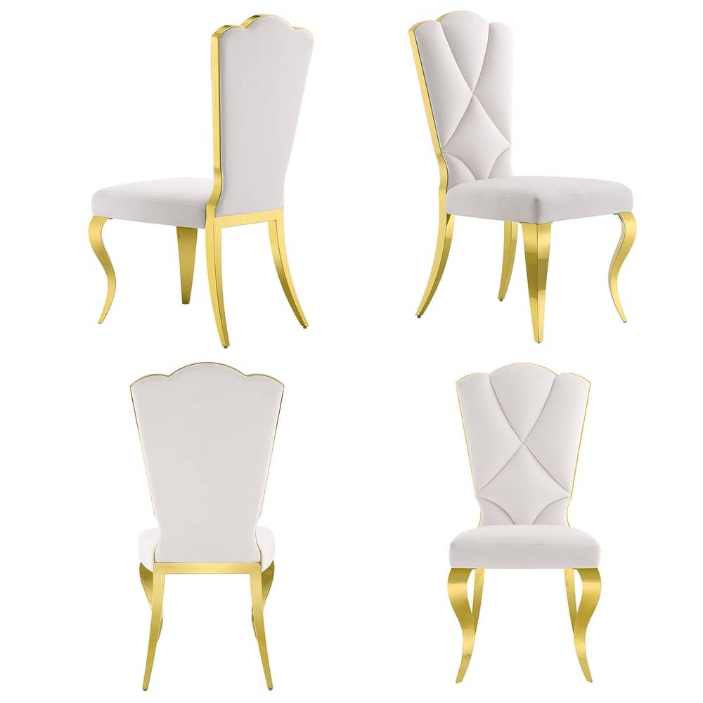 Modern Gorgeous High Back Dining Chairs White Velvet Upholstered Dining Room Chairs with Gold Metal Legs