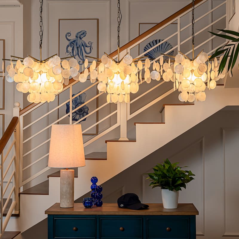 Cone Shape Tier Coastal Capiz Shells Chandelier With Antique Gold Metal