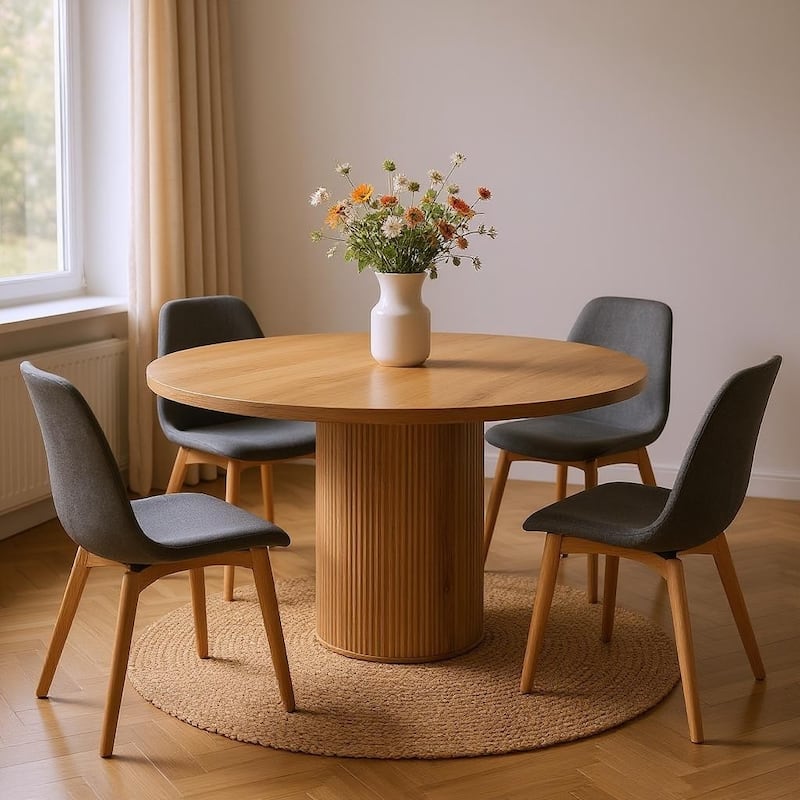 HomeRoots 56" Brown Solid Wood Ribbed Texture Pedestal Base Round Dining Table - 56.00 in. x 29.90 in. x 56.00 in. - Brown - 56.00 in. x 29.90 in.  x 56.00 in.