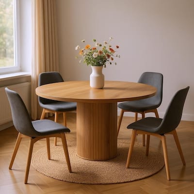 HomeRoots 56" Brown Solid Wood Ribbed Texture Pedestal Base Round Dining Table - 56.00 in. x 29.90 in. x 56.00 in.