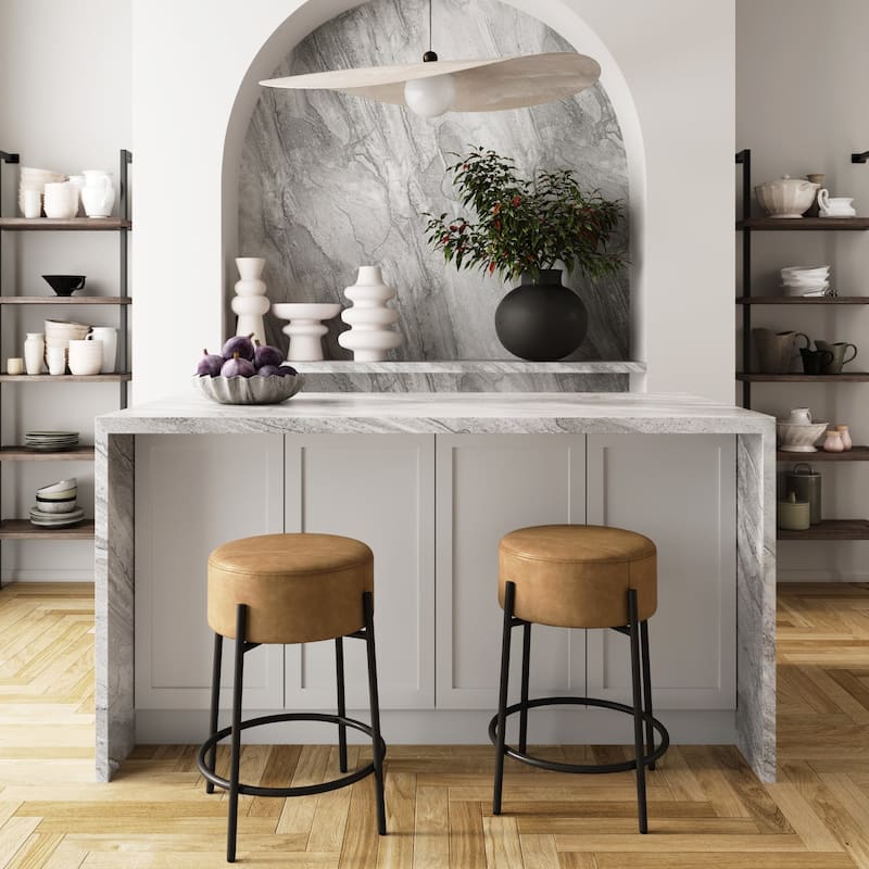 Isaac Modern Backless Metal Round Bar Stool with Boucle Padded Seat and Metal Base