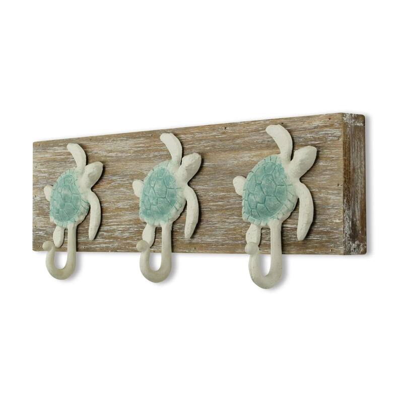 18.25” Brown and Blue Sea Turtle 3 Hooks Small Coat Hanger
