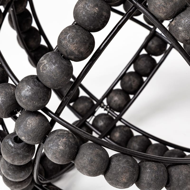 Black Wooden Bead and Metal Orb Sculpture